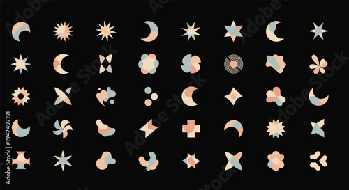 Set of abstract geometric shapes including stars moons and suns in a retro color palette arranged in a grid on dark background.