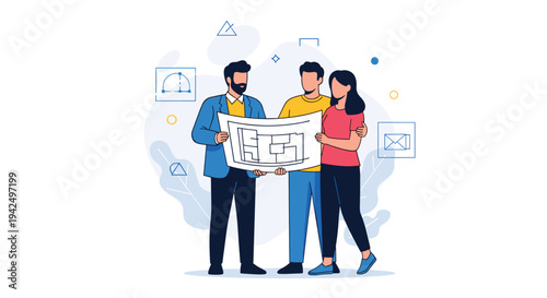 Group of professional architects or engineers standing together and discussing a building floor plan or construction blueprint project.