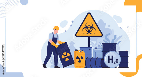 Industrial worker in protective gear moving blue and yellow barrels of hazardous radioactive and biohazardous waste materials safely.