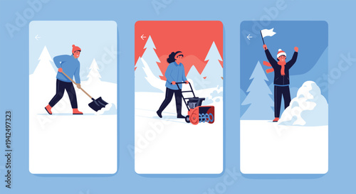 Mobile app designs depicting various winter snow removal activities including shoveling using a snow blower and celebrating success.