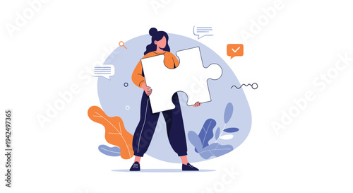 Professional woman holding a giant jigsaw puzzle piece representing a solution or a missing part of a complex business project.