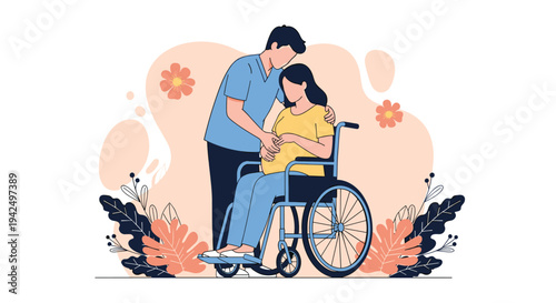 Male medical professional providing support and comfort to a pregnant woman sitting in a wheelchair surrounded by floral decorations.