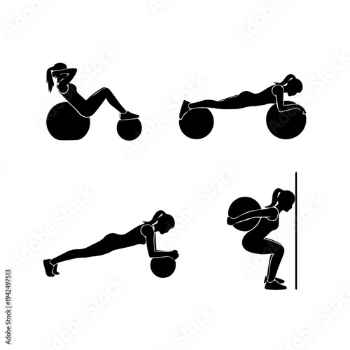 Woman exercising with exercise ball in four positions on white background