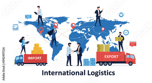 Concept of international logistics and global shipping featuring a world map with delivery trucks cargo ships and supply chain management.