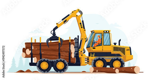 Heavy-duty industrial logging harvester machine transporting large tree trunks in a forest environment for timber production.