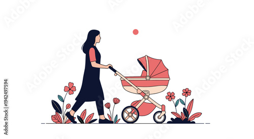 Young mother walking leisurely with a modern baby stroller along a path surrounded by blooming flowers in a peaceful outdoor setting.