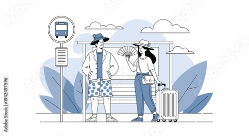 Travelers a man and a woman waiting at a public bus stop with a large suitcase ready for their summer vacation trip.