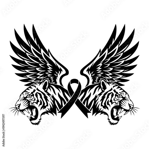Two tigers with wings and ribbon in illustration artwork design