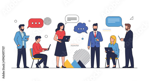 Group of diverse business professionals in an office environment collaborating using laptops and communicating with speech bubbles.