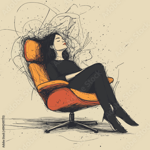 Young woman relaxing on a lounge chair while feeling mental stress and confusion represented by a messy scribble. , vector style simple color