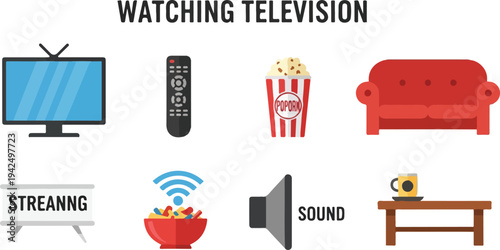 Illustrated elements representing watching television Includes a TV remote popcorn sofa streaming sign wifi bowl speaker coffee table