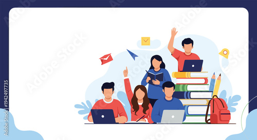 Group of motivated students studying together with books and laptops in a classroom setting while actively participating by raising hands.