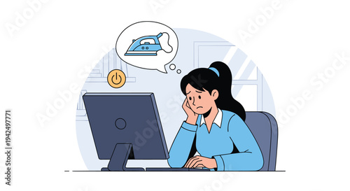 Stressed woman working at an office computer while distractedly thinking about a domestic chore like ironing clothes at home.
