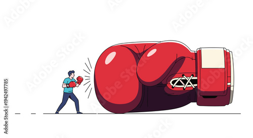 Symbolic illustration of a tiny man bravely boxing against a giant red boxing glove representing a huge challenge or obstacle.