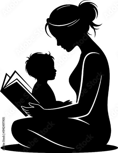 Mother Reading Book to Child Silhouette Vector Illustration