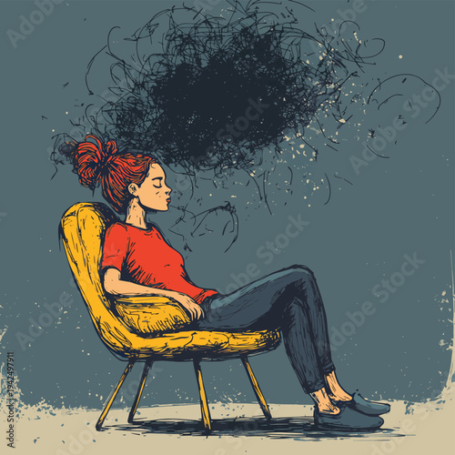 Young woman relaxing on a lounge chair while feeling mental stress and confusion represented by a messy scribble. , vector style simple color