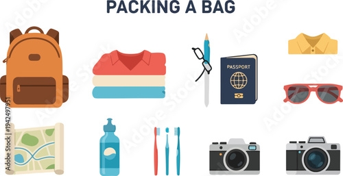 Illustration A backpack clothes passport glasses pen sunglasses shirt map water bottle toothbrushes and cameras