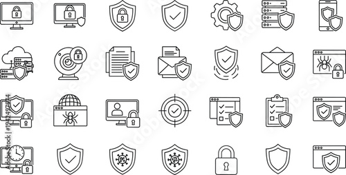 Vector Set of Cyber Security Icons Featuring Data Protection, Firewalls, Antivirus Shields, Cloud Safety, Secure Servers, and Privacy Symbols for Information Technology.