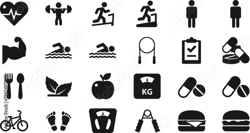 Vector Set of Fitness and Health Icons Featuring Gym Equipment Workout Activities Healthy Nutrition Medical Supplements Weight Loss Progress and Wellness Symbols for Lifestyle App Design