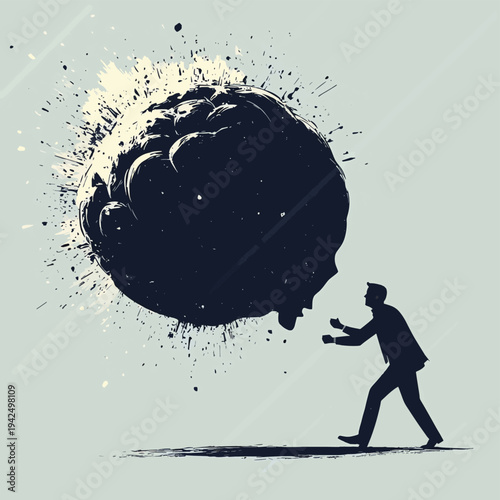 Businessman Pushing a Large Bomb off a Human Head Metaphor for Reducing Stress