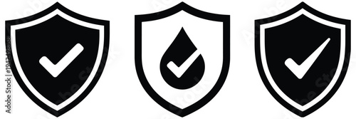 Shield, icon set with check marks, verified badge, security, and waterproof symbols, clean modern flat vector design for digital interfaces, apps, websites, and protection concept