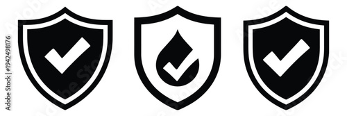 Shield, icons with check marks featuring security, waterproof, and verified badge symbols, modern flat vector illustration collection for apps, websites, user interface, and digital safety
