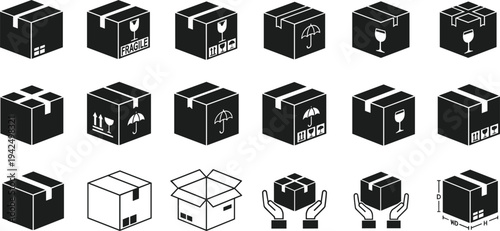 Title
Vector Set of Isometric Cardboard Box Icons for Shipping Delivery and Logistics Featuring Fragile Handle with Care Umbrella and Dimensional Measurement Symbols for E-commerce Packaging