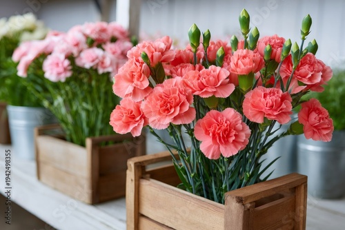Pink and coral carnations blooming in rustic wooden crates