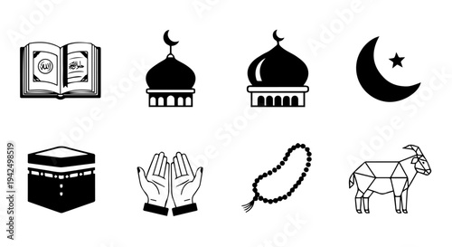 Islamic symbols illustration set on white background with various icons