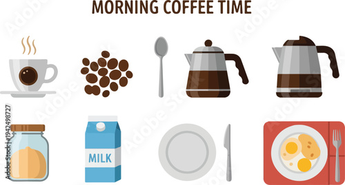 Illustration depicts coffeethemed items cup beans spoon coffee pots jar milk carton plate knife fork and eggs
