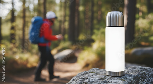 Blank white thermal bottle mockup outdoors with blurred hiker background