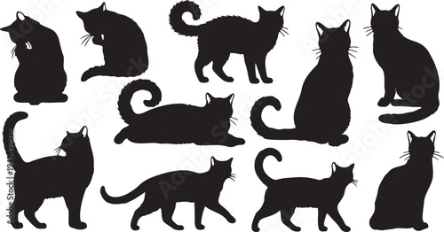 Set of 10 Black Cat Silhouettes Vector Illustrations in Various Poses, Ideal for Pet Shop Branding, Halloween Designs, or Animal-Themed Graphics