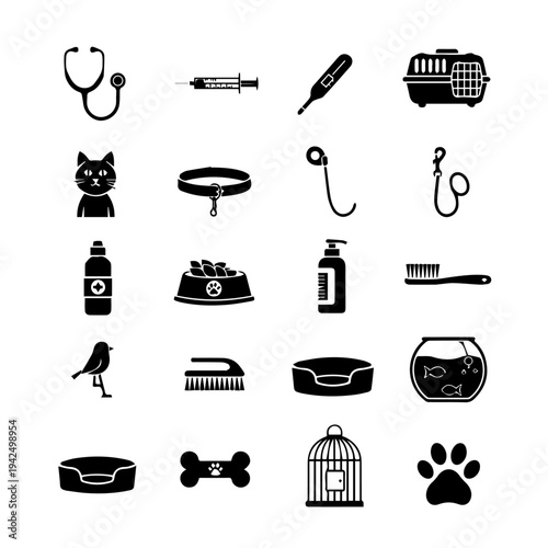 Veterinary care icons set illustrating various pet health and grooming tools