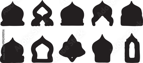 Set of 10 Black Islamic Mosque Dome and Arch Silhouettes Vector Icons for Ramadan, Eid, and Cultural Designs
