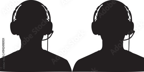 Set of 2 Black Silhouette Vector Illustrations of People Wearing Headsets with Microphones, Ideal for Customer Service and Support Icons