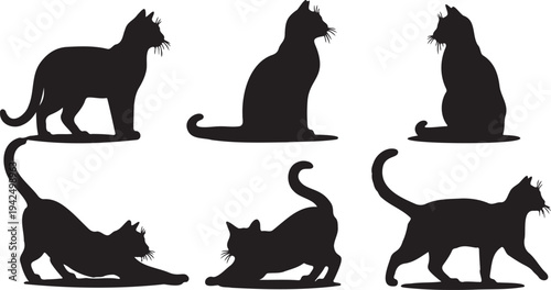 Set of 6 Black Cat Silhouettes Vector Illustration Collection in Various Poses for Pet Shops, Veterinary Clinics, and Animal-Themed Designs