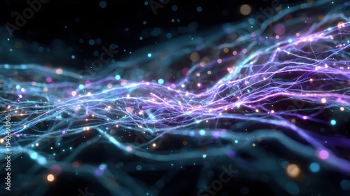 Abstract flowing lines with glowing particles on dark background illustration