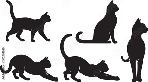 Set of 5 black cat silhouettes vector illustrations in various poses, including walking, sitting, standing, and stretching, ideal for pet-themed designs and graphic resources.