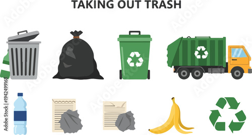 Illustration depicts trash disposal Features include containers a truck and various waste items