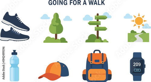 Illustration features walking essentials shoes tree signpost sun path water bottle hat backpack watch