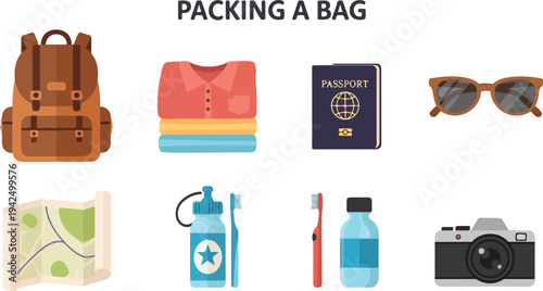 Illustration featuring travel items backpack clothes passport sunglasses map water bottle toothbrush and camera