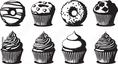 Set of 8 Delicious Hand-Drawn Black and White Dessert Icons Vector, Featuring Cupcakes and Donuts with Various Toppings, Ideal for Bakery Menus, Sweet Shop Branding