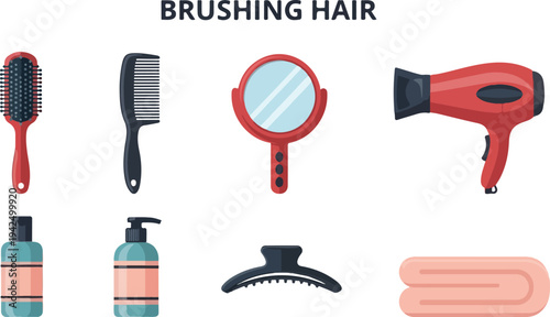 Illustration hairbrush comb mirror hair dryer shampoo hair conditioner clip towel