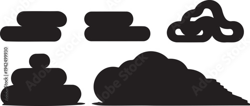 Set of 5 black silhouette cloud icons vector with various shapes, ideal for weather apps, website design, or infographic elements
