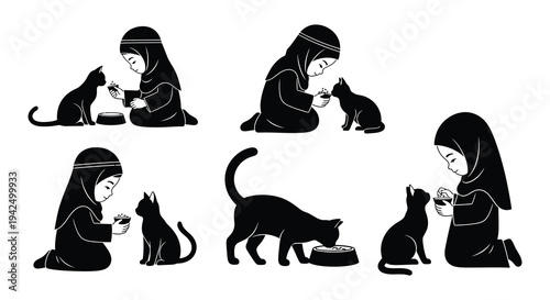 Black and white illustration of children interacting with cats