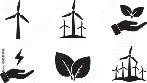 Set of 6 Black and White Eco-Friendly Energy and Nature Icons Vector Collection for Sustainable Business and Environmental Projects
