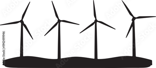 Set of 4 black silhouette wind turbines vector illustration, representing renewable energy, clean power, and sustainable technology for environmental designs.