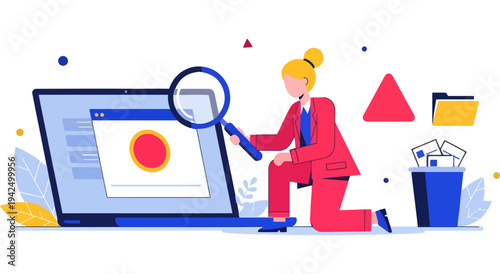 Security professional analyzing a virus alert on a laptop screen Vector