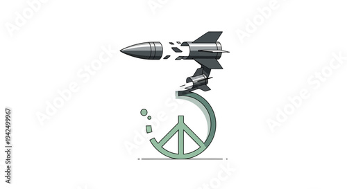 Striking illustration of a missile launching from a fractured peace symbol, powerfully conveying the abrupt end of global harmony and the swift escalation of conflict, symbolizing war's impact