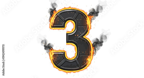 Vibrant Number 3 Ignited by Bright Flames and Billowing Dark Smoke, a Powerful Graphic Concept for Achievements or Countdown Stages